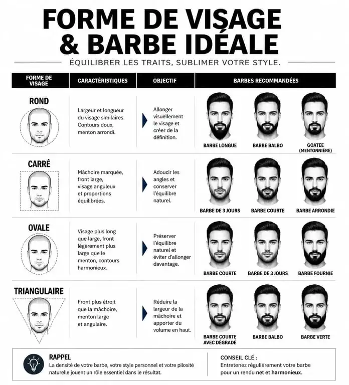Infographie illustrant le choix du style de barbe homme selon la forme du visage