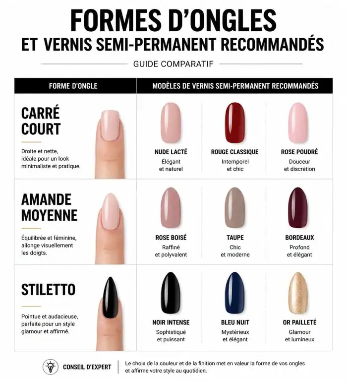 Infographie des modèles de vernis semi-permanent recommandés selon la forme de l'ongle