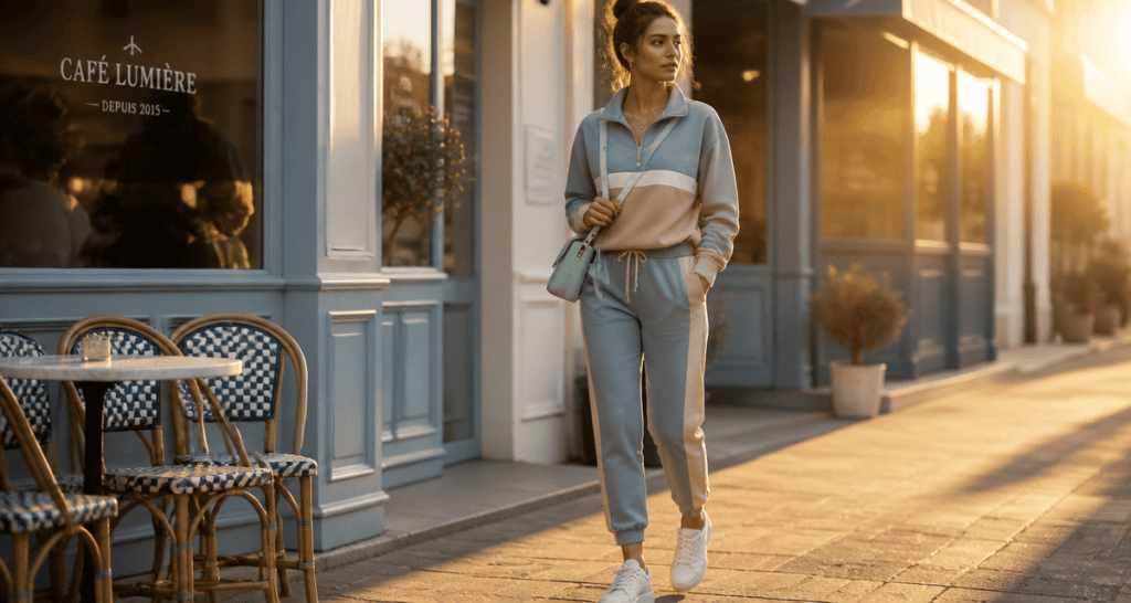 Survêtement féminin aux tons bleu, gris et beige en ville