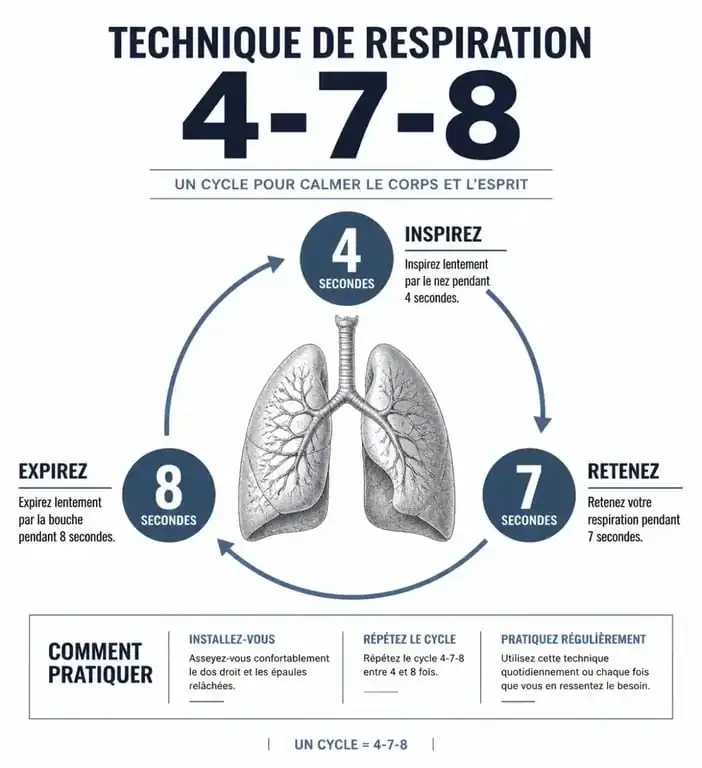 Infographie de la technique de respiration 4-7-8 pour trouver le sommeil rapidement