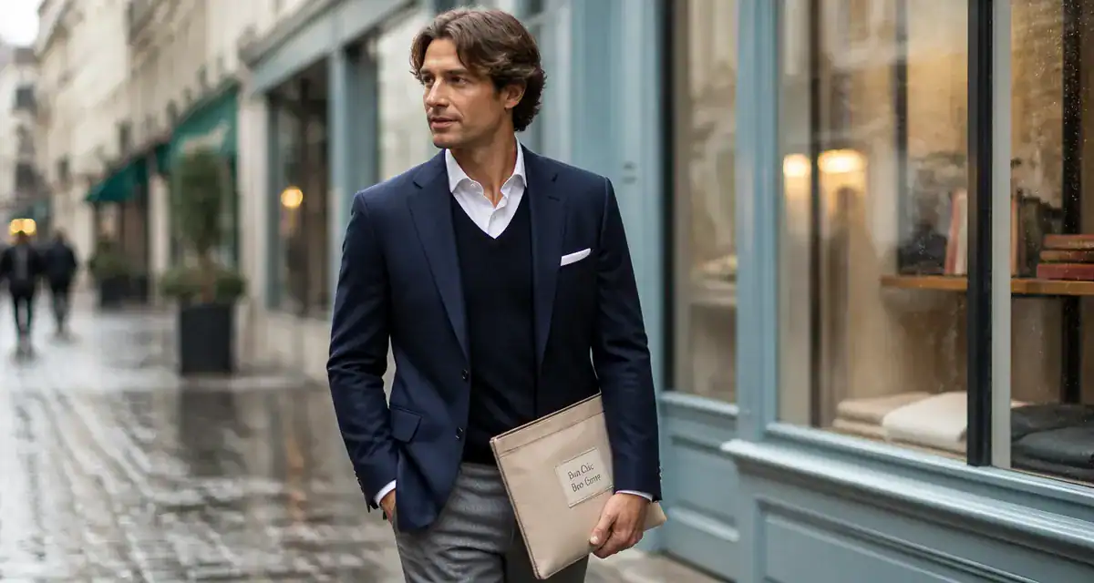 Style bcbg homme : blazer bleu marine, chemise blanche et pantalon flanelle gris en ville parisienne