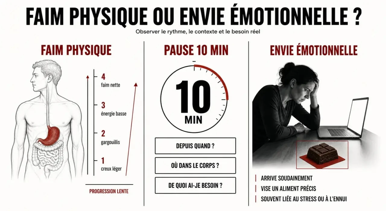Comment arreter de manger : schéma de la faim physique, de l’envie émotionnelle et de la pause avant de grignoter
