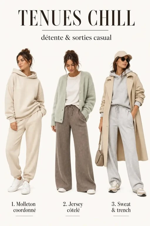 Inspiration tenue chill femme avec trois looks casual et confortables en tons neutres