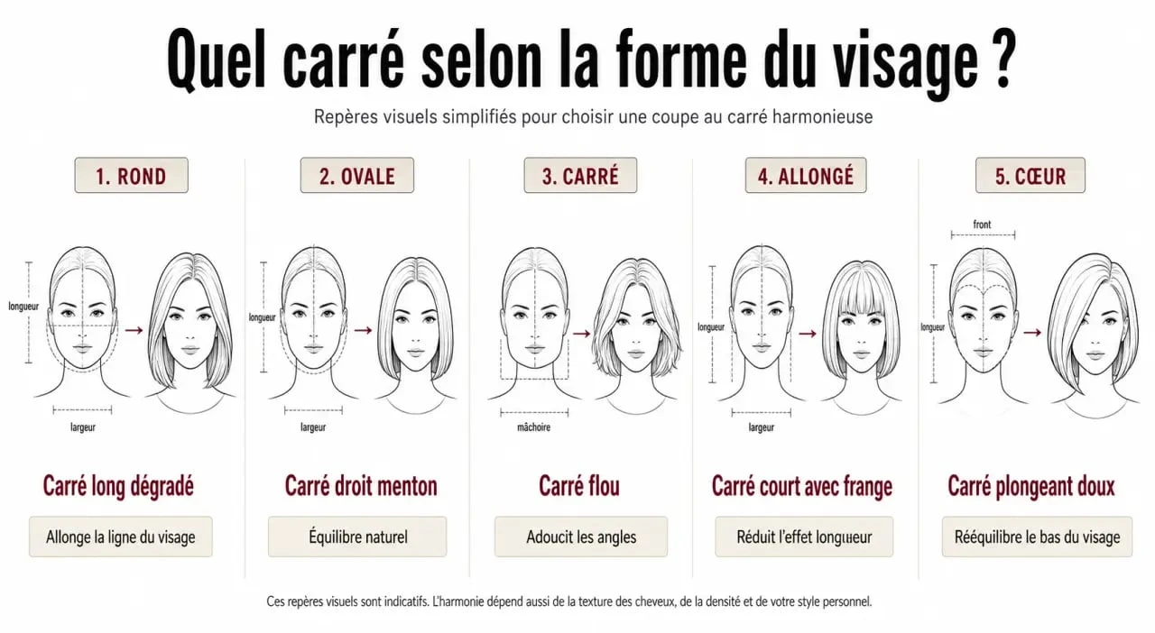 Tendance coupe carré femme : formes de visage et carrés conseillés dans une composition éditoriale