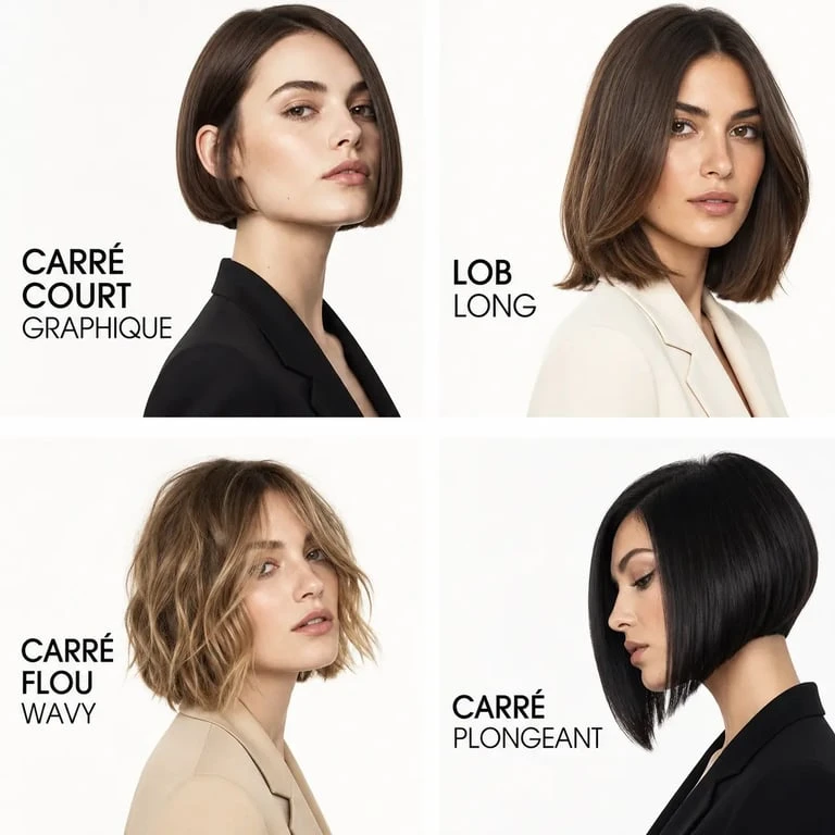 Tendance coupe carré femme avec carré court, lob wavy, carré flou et carré plongeant en montage éditorial