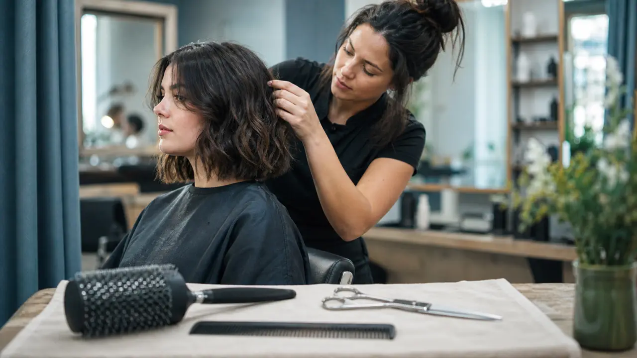 Tendance coupe carré femme : lob wavy flou sur cheveux châtain foncé