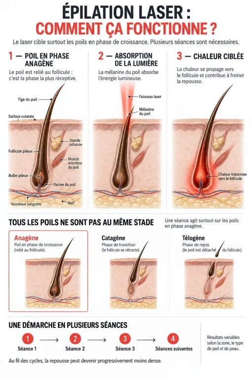 Schéma du fonctionnement de l'épilation définitive au laser et du cycle de croissance du poil