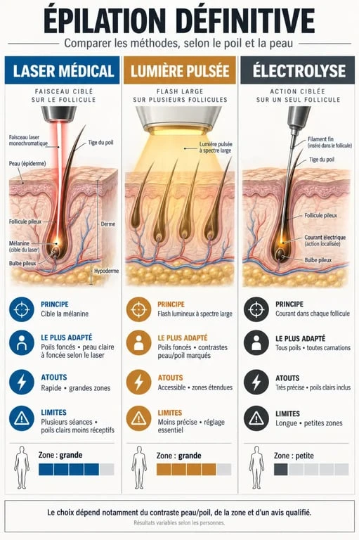 Infographie comparative sur les méthodes d'épilation définitive : laser, lumière pulsée et électrolyse