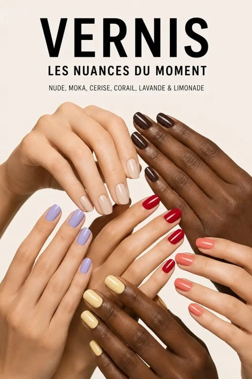 Tendance vernis à ongles : palette de couleurs nude, rouge, corail, lavande et moka