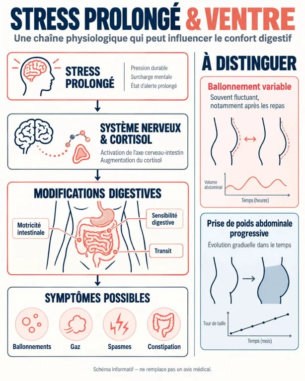 Schéma sur le taux de cortisol élevé et ventre gonflé, stress et symptômes digestifs