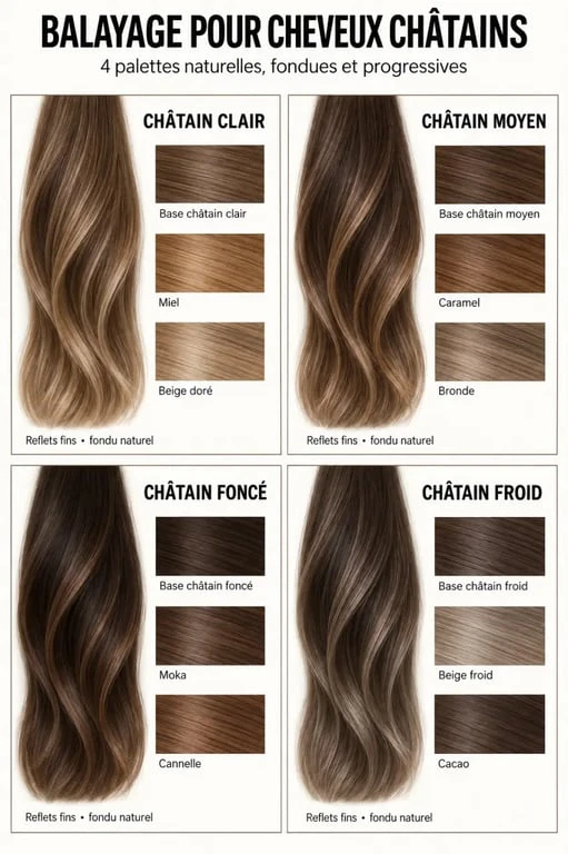 Palettes de nuances pour savoir quel balayage choisir sur des cheveux châtains clairs, moyens, foncés ou cendrés