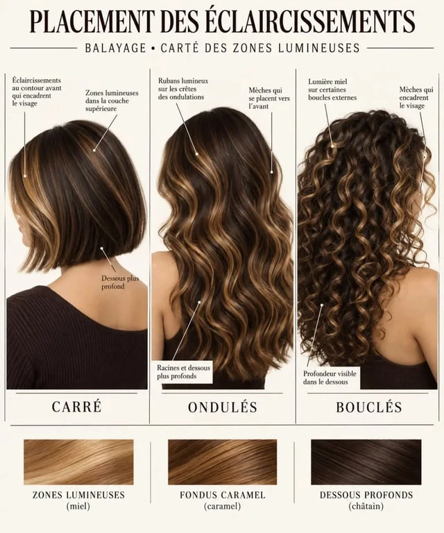 Placement des reflets pour choisir quel balayage pour cheveux châtains selon la coupe et la texture