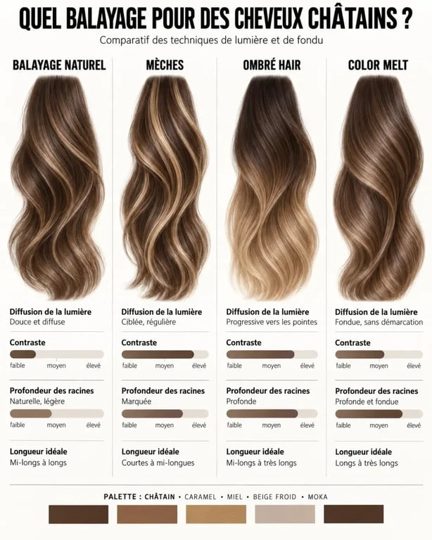 Infographie pour choisir quel balayage pour cheveux châtains entre balayage naturel, mèches, ombré et color melt