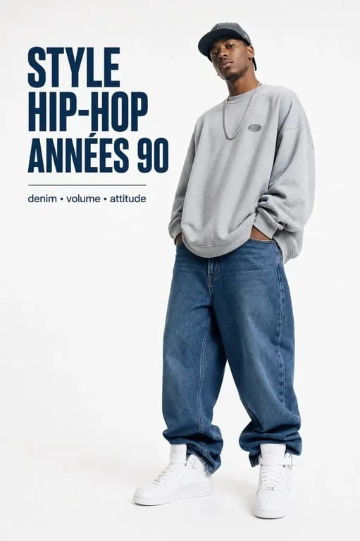 Tenue année 90 hip-hop avec jean baggy et sweat oversize
