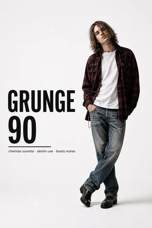 Tenue année 90 grunge avec chemise à carreaux et jean délavé