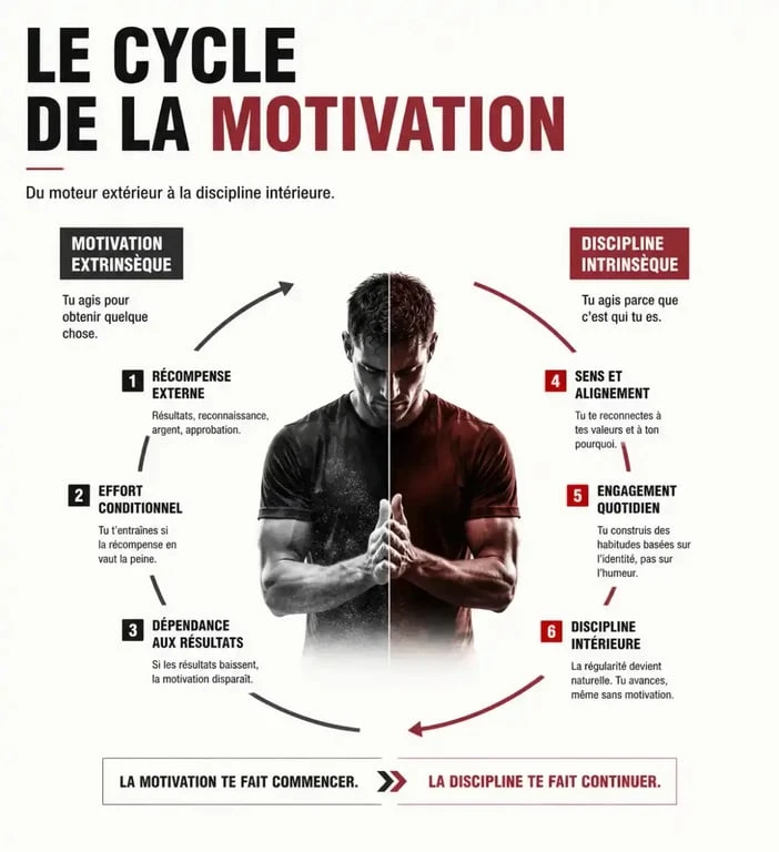 Schéma illustrant le cycle de la motivation en musculation et le passage à la discipline pérenne