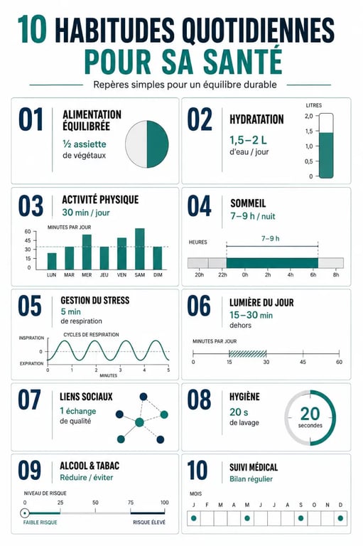 10 habitudes bien-être pour prendre soin de sa santé au quotidien illustrées dans une infographie éditoriale