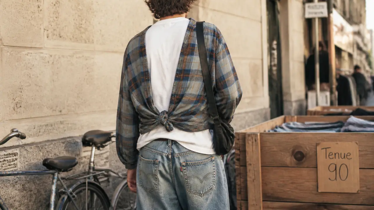 Tenue année 90 grunge hip-hop pop sportswear : chemise à carreaux, jean baggy, baskets rétro à Paris