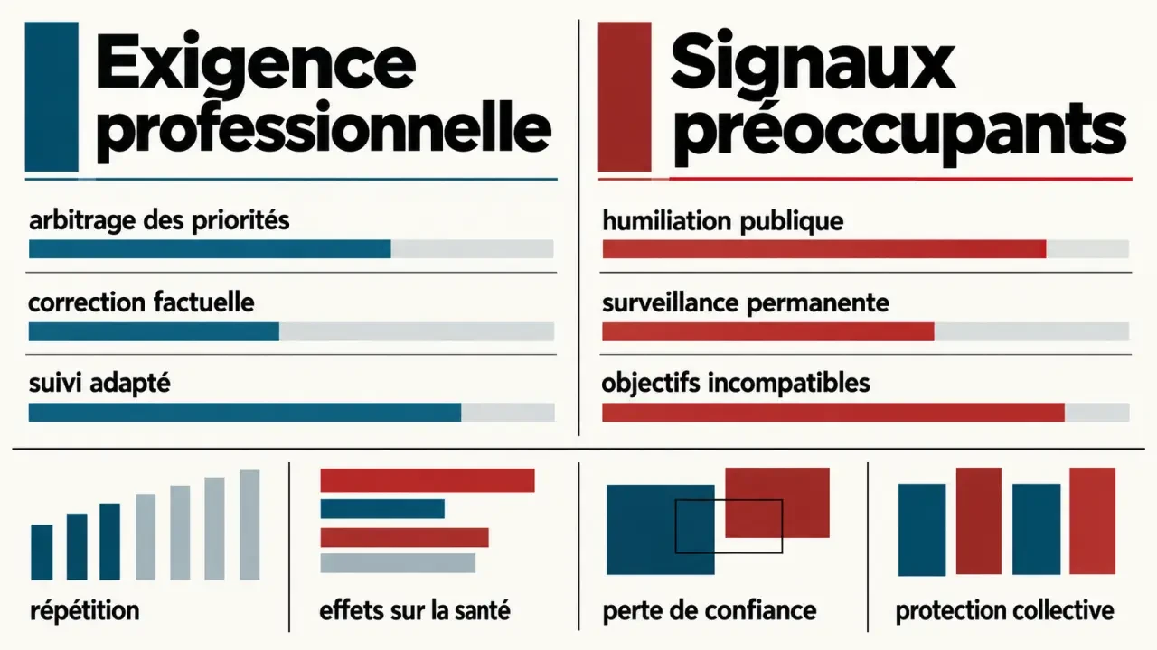 Infographie management toxique exemple : distinguer exigence professionnelle et signaux préoccupants