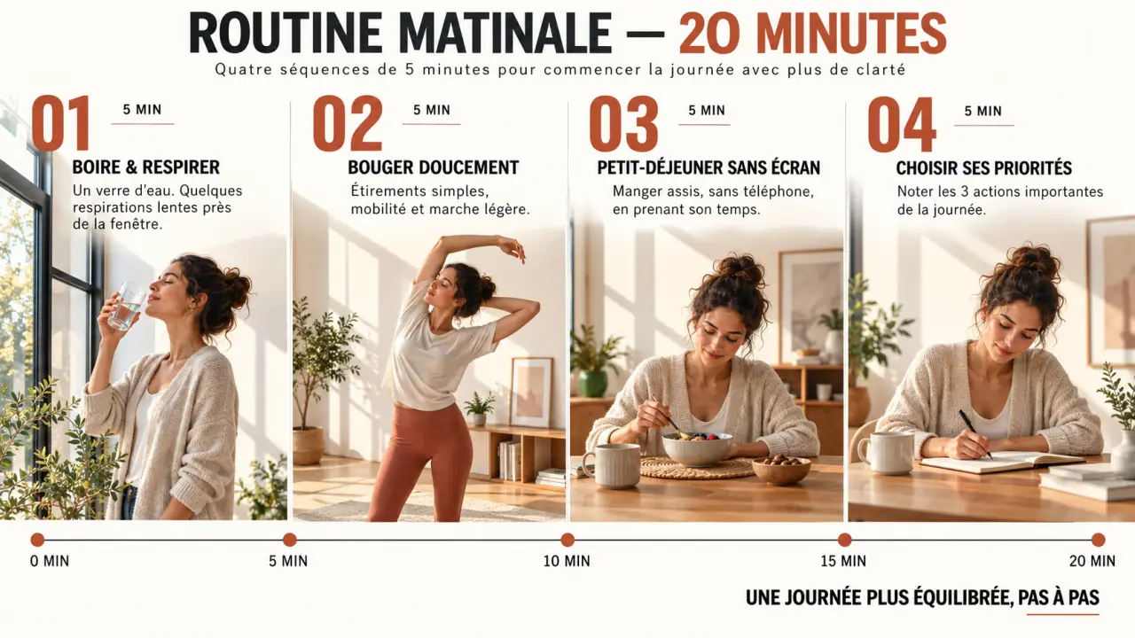 Frise visuelle des 7 habitudes bien-être à adopter le matin pour mieux dormir, gérer son énergie et se sentir aligné